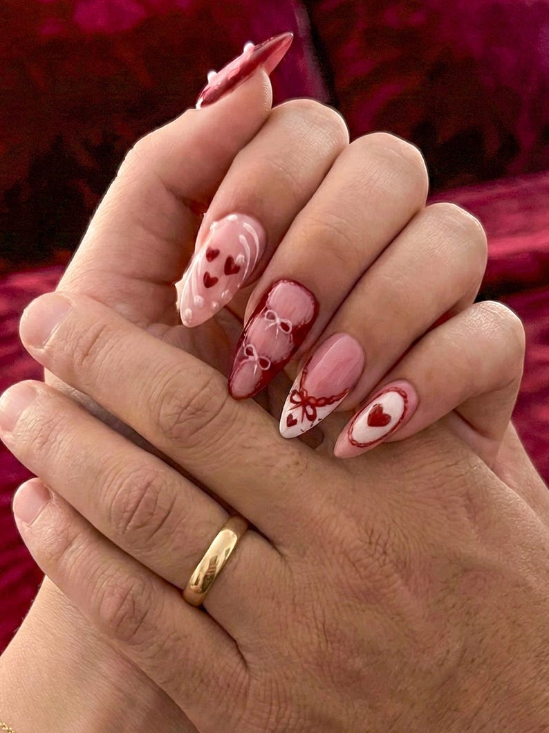 Romantic Burgundy Coquette Lace Press On Nails - Long Almond