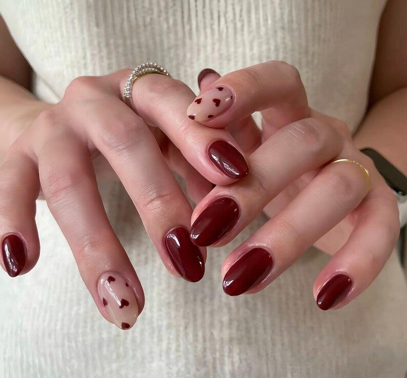 Deep Burgundy Heart Accent Press On Nails - Short Oval