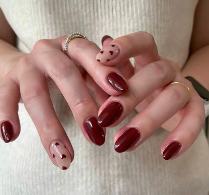 Deep Burgundy Heart Accent Press On Nails - Short Oval