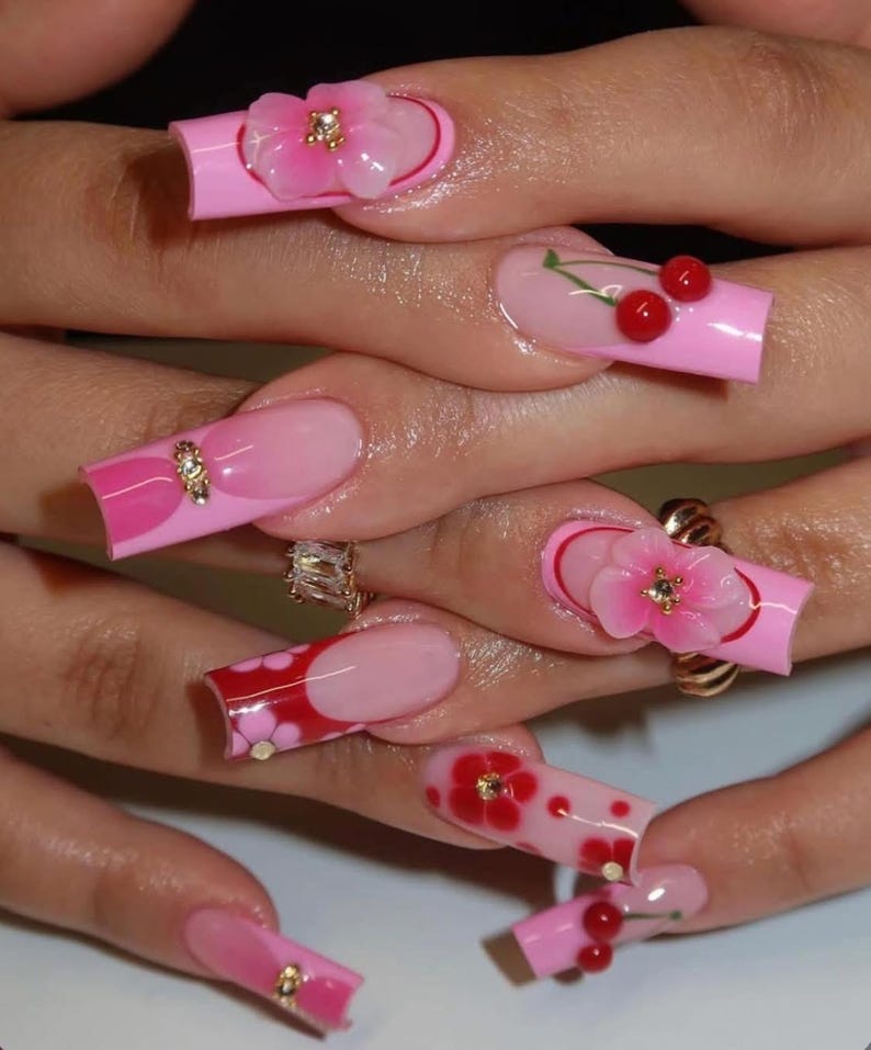 Kawaii 3D Cherry & Floral Press On Nails - Long Square