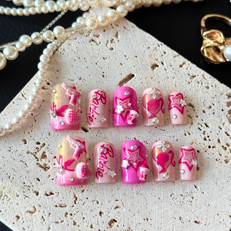 Barbiecore Y2K 3D Charm Press On Nails - Pink Square