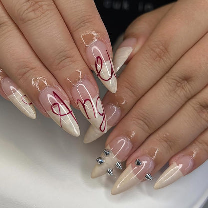 Edgy "Angel" Script Press On Nails - Cream French & Silver Spikes