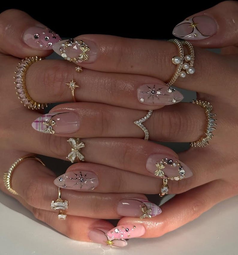 Coquette Luxury 3D Bow Press On Nails - Almond Pink Plaid