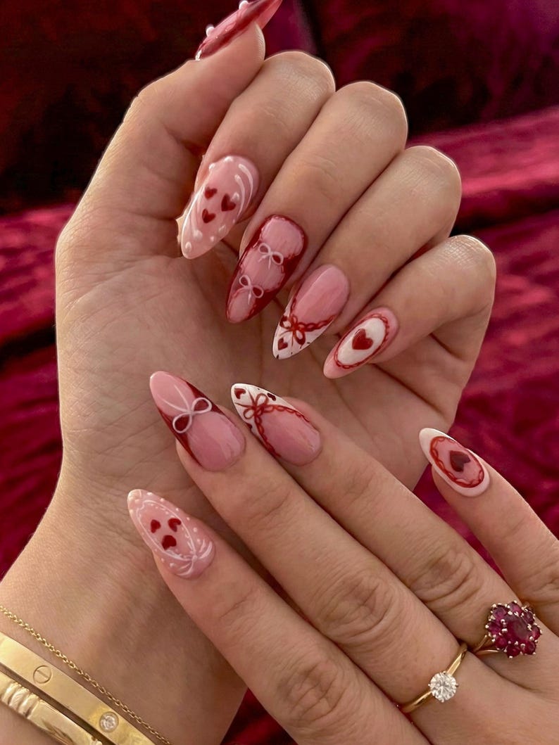 Romantic Burgundy Coquette Lace Press On Nails - Long Almond