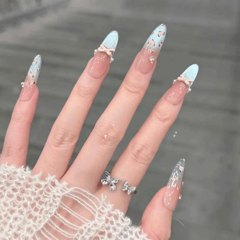 Ice Blue Glitter Coquette Press On Nails - 3D Pink Bow Long Almond