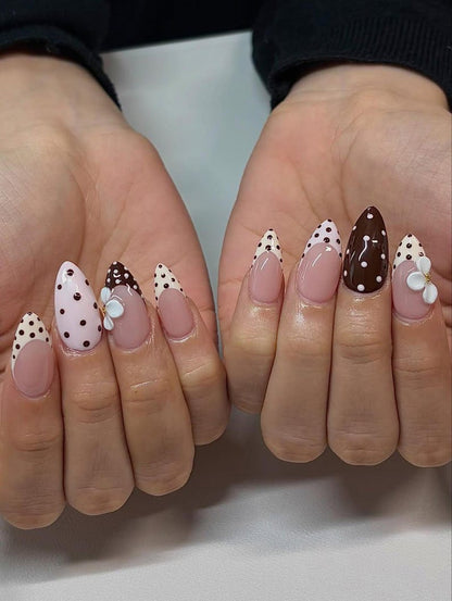 Chocolate Polka Dot Press On Nails, Cute Brown and Pink Nail Set with 3D Flowers, Brown and Pink French Tip Nails, 3D Floral Nail Art