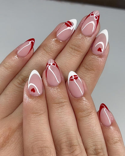Romantic Coquette French Press On Nails - Red & White Almond