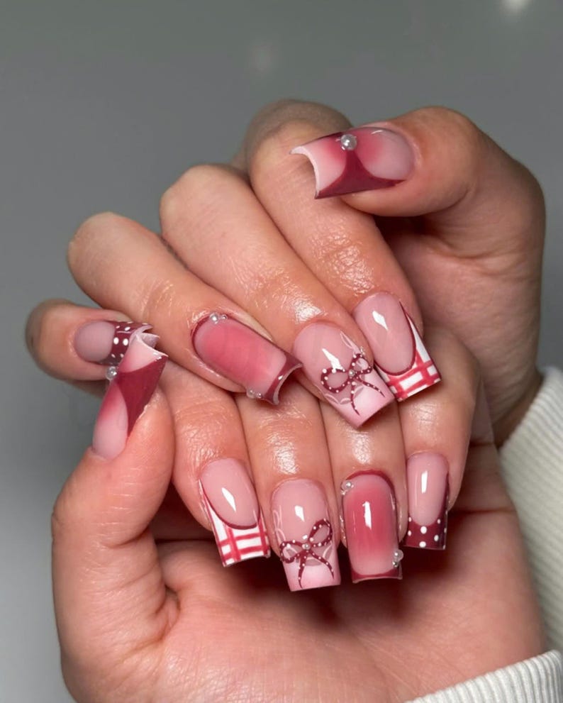 Deep Burgundy Coquette Duck Nails - Plaid & Pearl Bow Press Ons