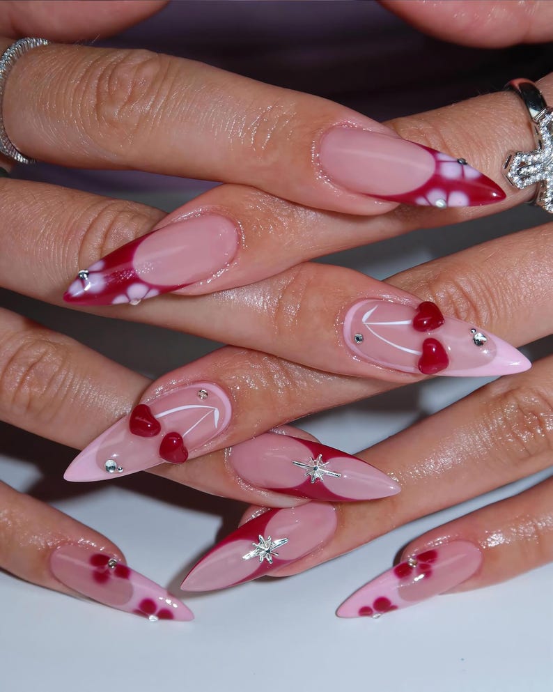 3D Cherry Blossom & Starburst Press On Nails - Long Stiletto