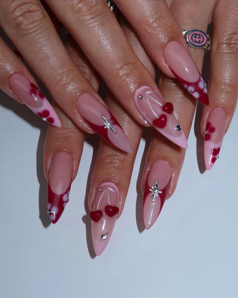 3D Cherry Blossom & Starburst Press On Nails - Long Stiletto