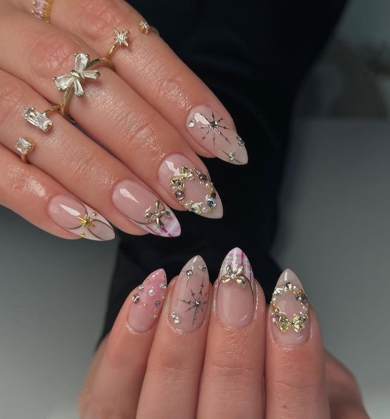 Coquette Luxury 3D Bow Press On Nails - Almond Pink Plaid