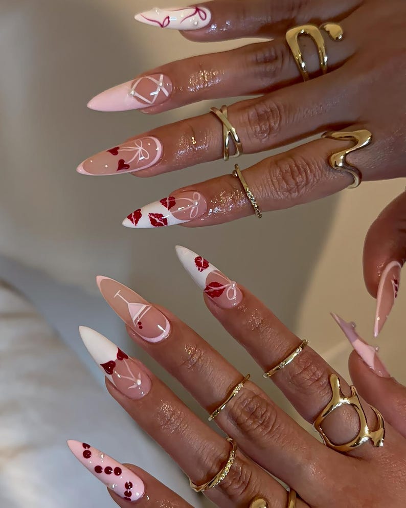 Romantic Coquette Lips & Bows Press On Nails - Long Almond