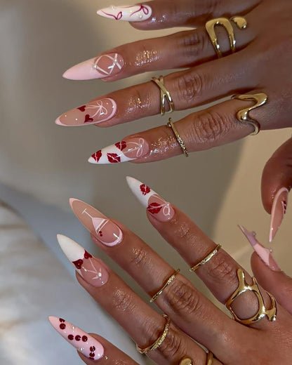 Romantic Coquette Lips & Bows Press On Nails - Long Almond