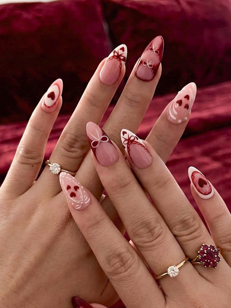 Romantic Burgundy Coquette Lace Press On Nails - Long Almond