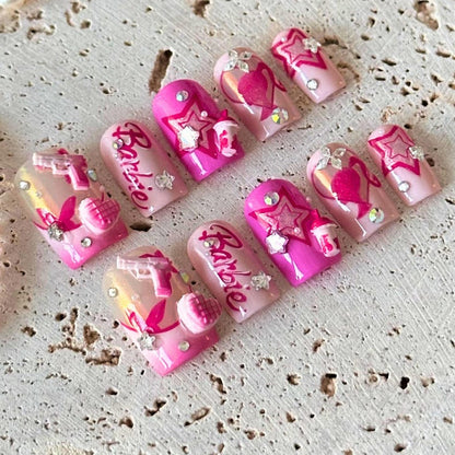 Barbiecore Y2K 3D Charm Press On Nails - Pink Square