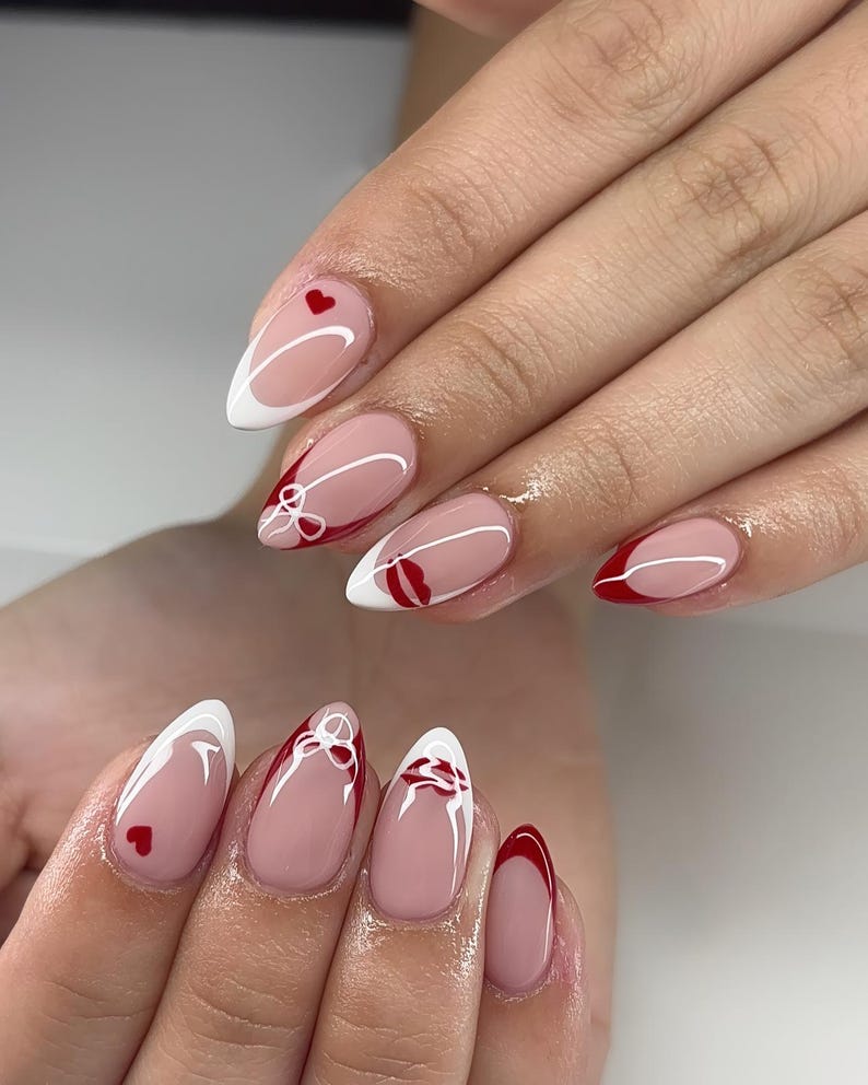 Romantic Coquette French Press On Nails - Red & White Almond