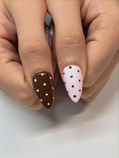 Chocolate Polka Dot Press On Nails, Cute Brown and Pink Nail Set with 3D Flowers, Brown and Pink French Tip Nails, 3D Floral Nail Art