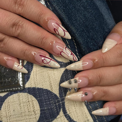Edgy "Angel" Script Press On Nails - Cream French & Silver Spikes