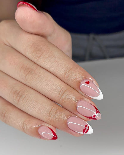 Romantic Coquette French Press On Nails - Red & White Almond