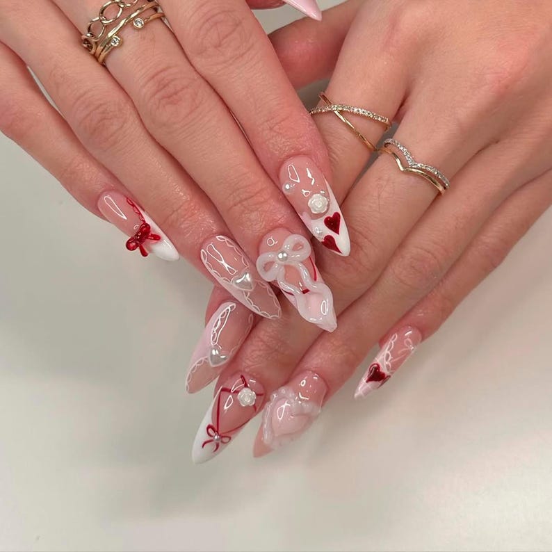 Luxury 3D Coquette Heart & Bow Press On Nails - Long Stiletto