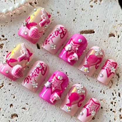 Barbiecore Y2K 3D Charm Press On Nails - Pink Square