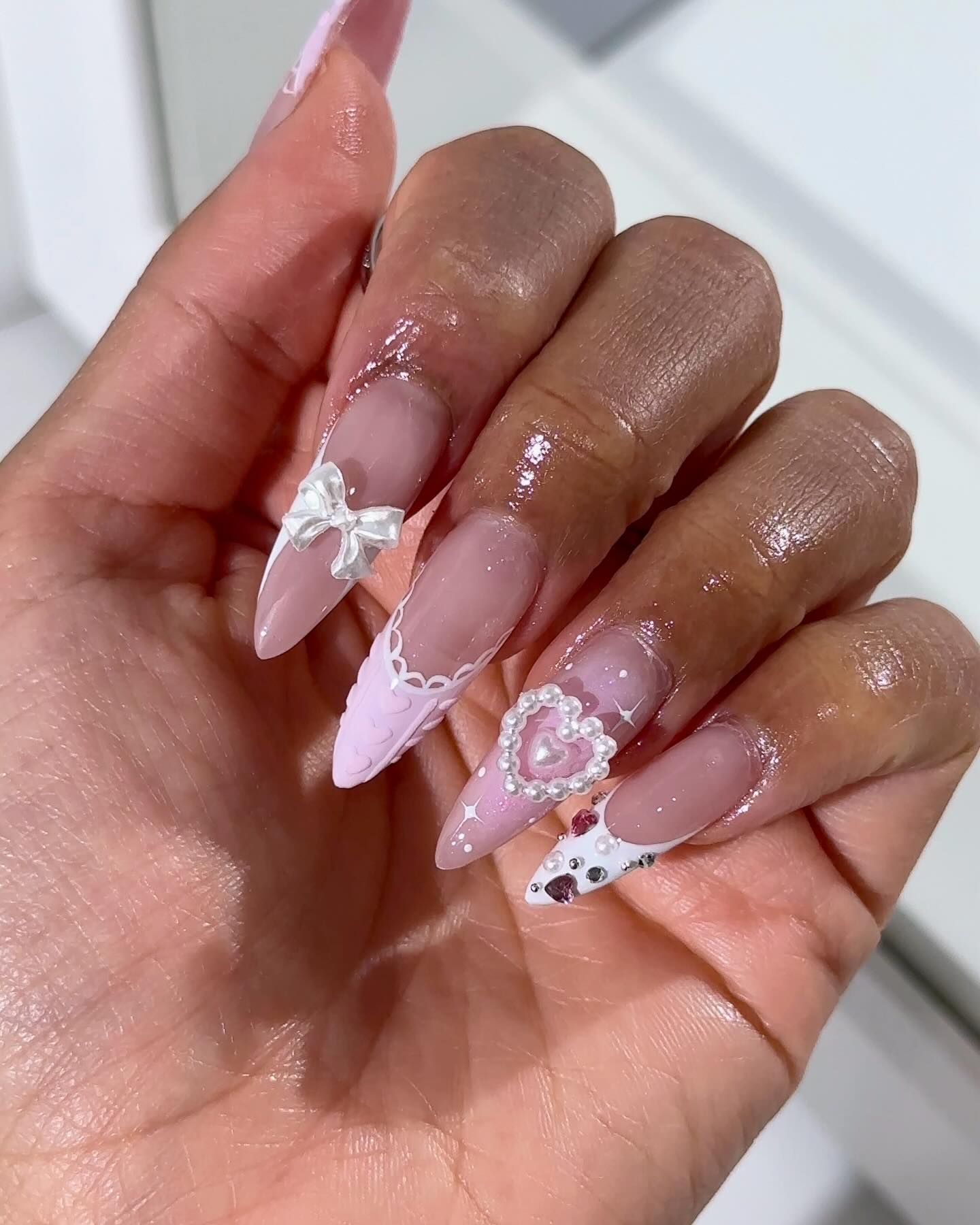 Lavender Lace & Pearl Heart 3D Textured Press On Nails - Long Stiletto