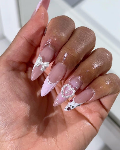 Lavender Lace & Pearl Heart 3D Textured Press On Nails - Long Stiletto