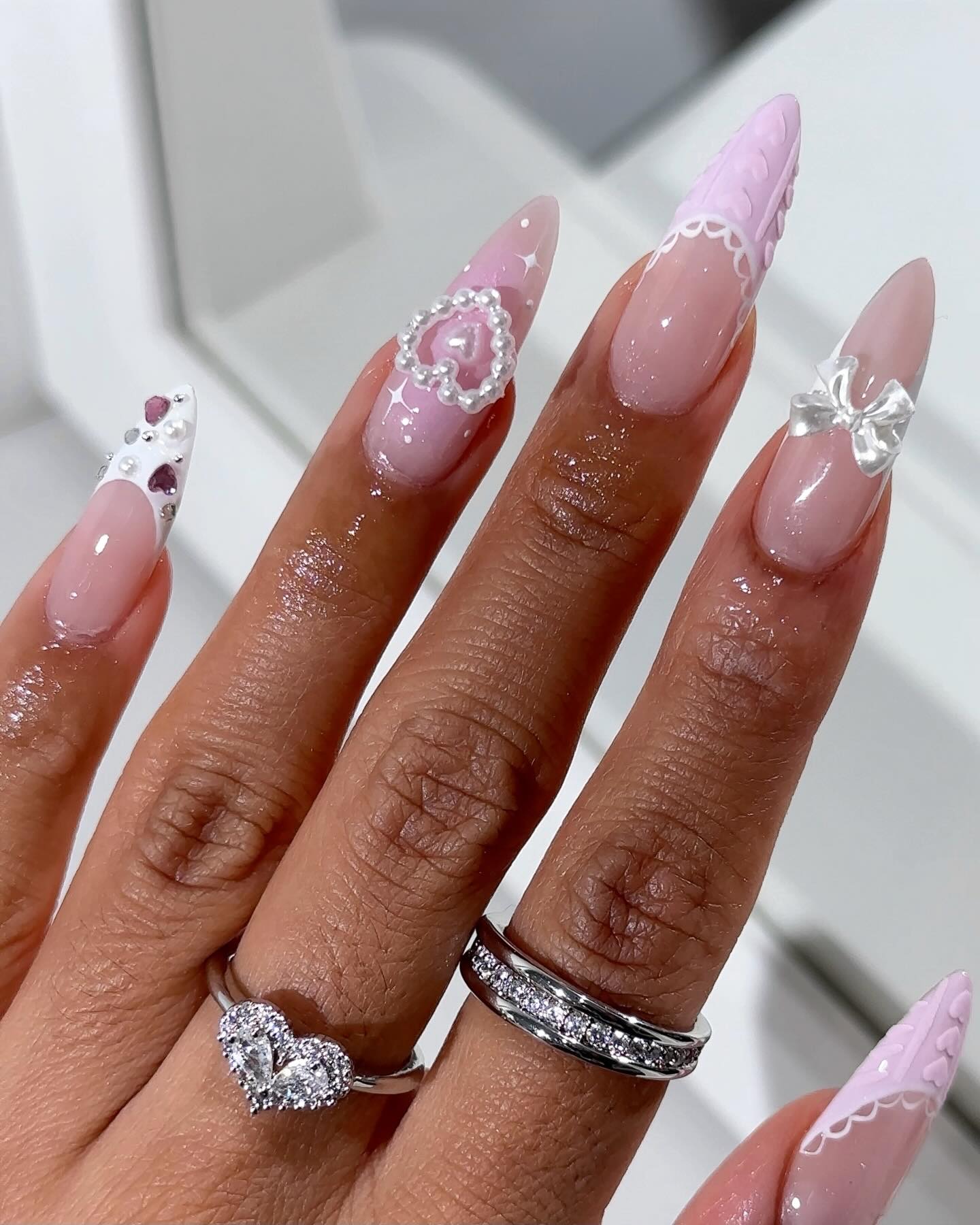 Lavender Lace & Pearl Heart 3D Textured Press On Nails - Long Stiletto
