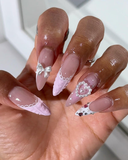 Lavender Lace & Pearl Heart 3D Textured Press On Nails - Long Stiletto