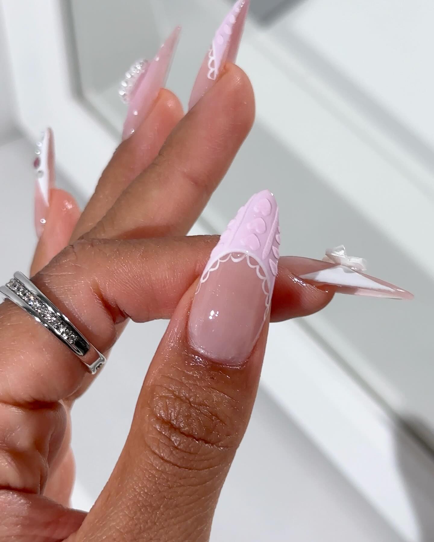 Lavender Lace & Pearl Heart 3D Textured Press On Nails - Long Stiletto