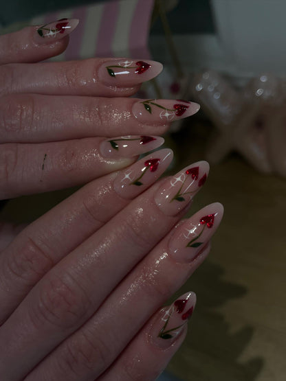 Heart-Cherry Twinkle Press On Nails - Medium Almond Glitter Set