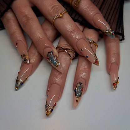 Gilded Cosmic Gemstone & Molten Gold Press On Nails - Long Almond