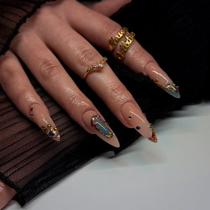 Gilded Cosmic Gemstone & Molten Gold Press On Nails - Long Almond