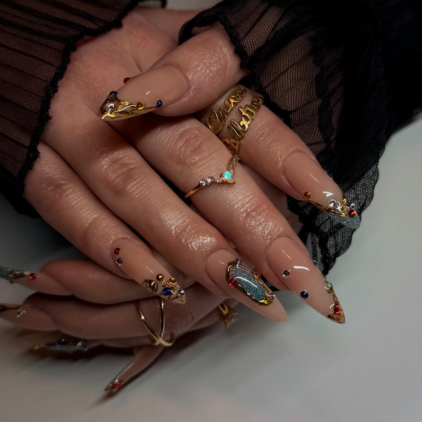 Gilded Cosmic Gemstone & Molten Gold Press On Nails - Long Almond