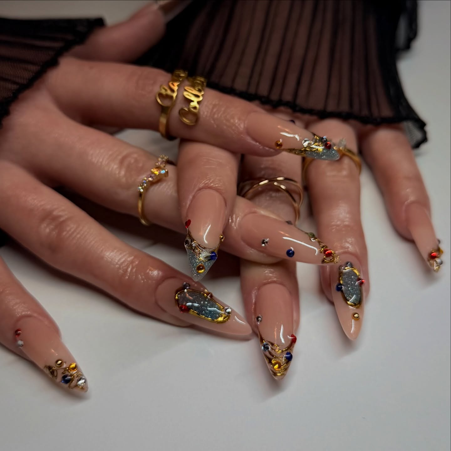 Gilded Cosmic Gemstone & Molten Gold Press On Nails - Long Almond