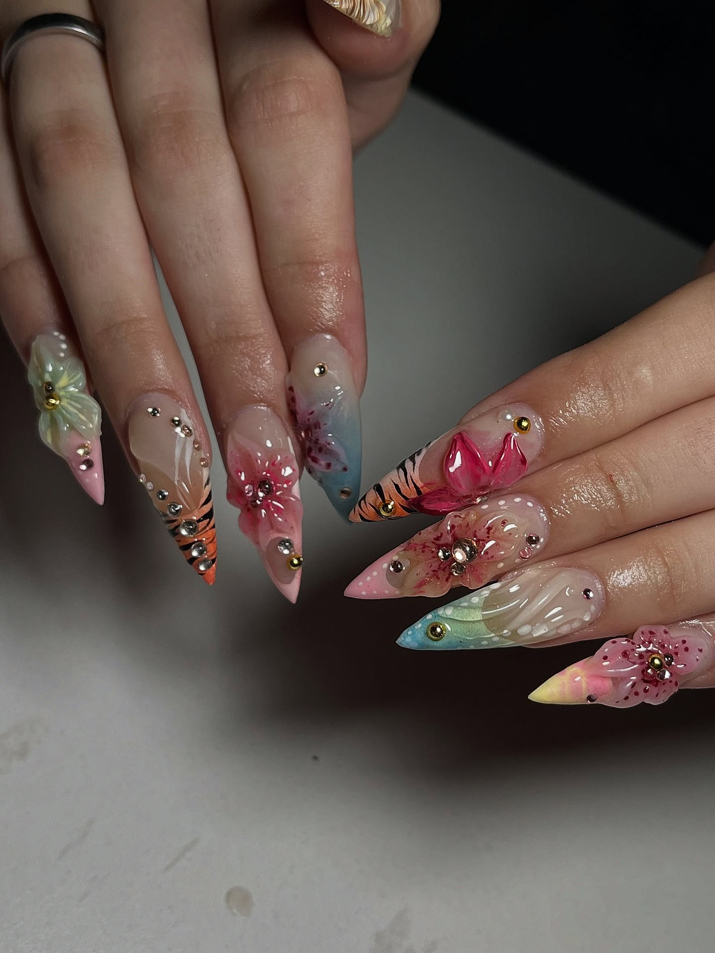 Tropical Hibiscus & Tiger Print Press On Nails - 3D Shell & Flower - Long Stiletto