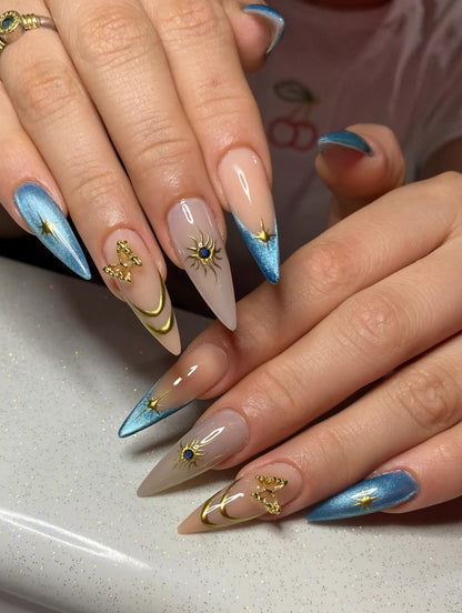 Celestial Blue & Gold Butterfly Press On Nails - Long Stiletto