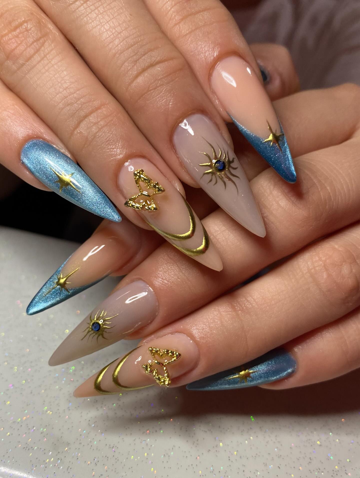 Celestial Blue & Gold Butterfly Press On Nails - Long Stiletto