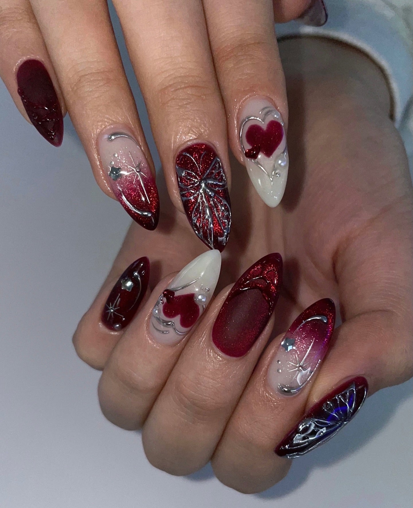 Gothic Chrome Butterfly & Crimson Hearts Press On Nails - Almond Set