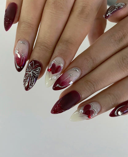 Gothic Chrome Butterfly & Crimson Hearts Press On Nails - Almond Set