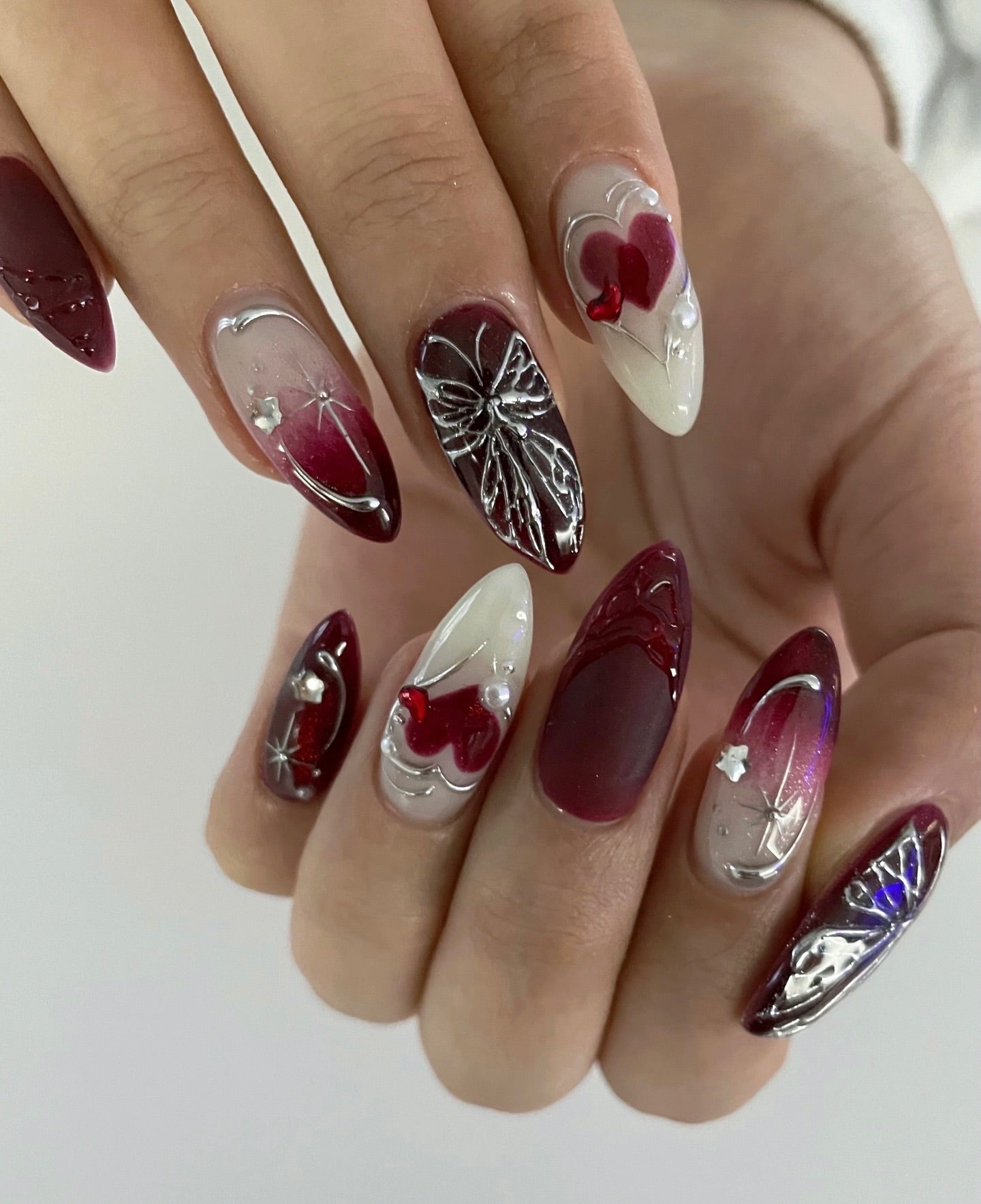Gothic Chrome Butterfly & Crimson Hearts Press On Nails - Almond Set