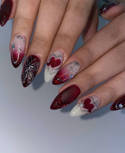 Gothic Chrome Butterfly & Crimson Hearts Press On Nails - Almond Set