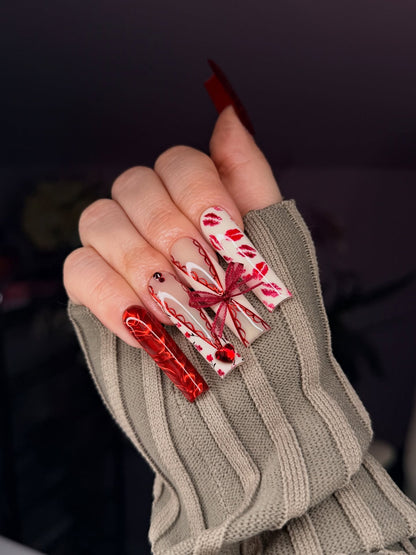 Romantic 3D Ribbon & Kiss Press On Nails - Long Square Luxury Set