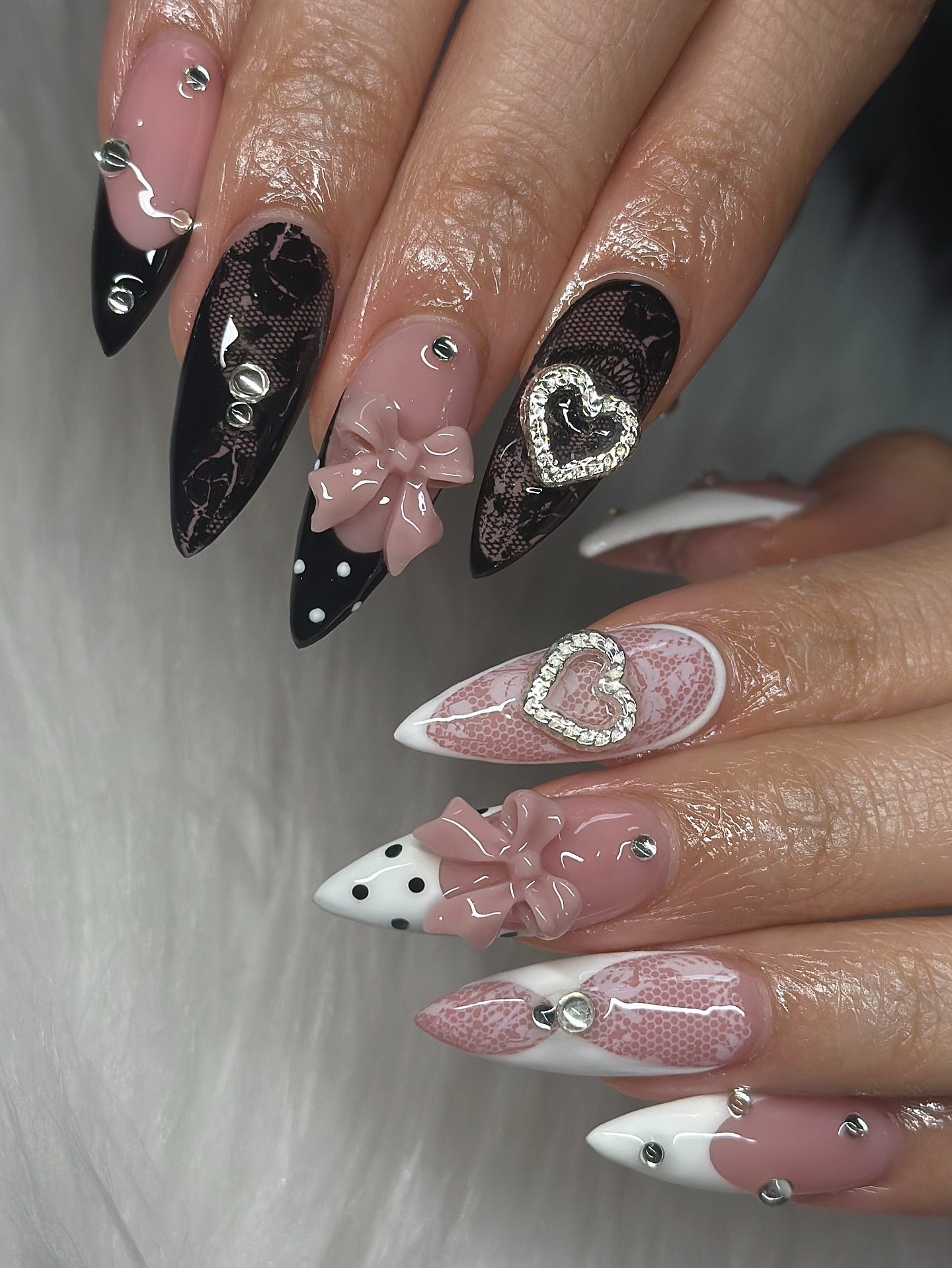 Coquette Contrast Lace & Bow Press On Nails - 3D Heart Charms - Long Stiletto
