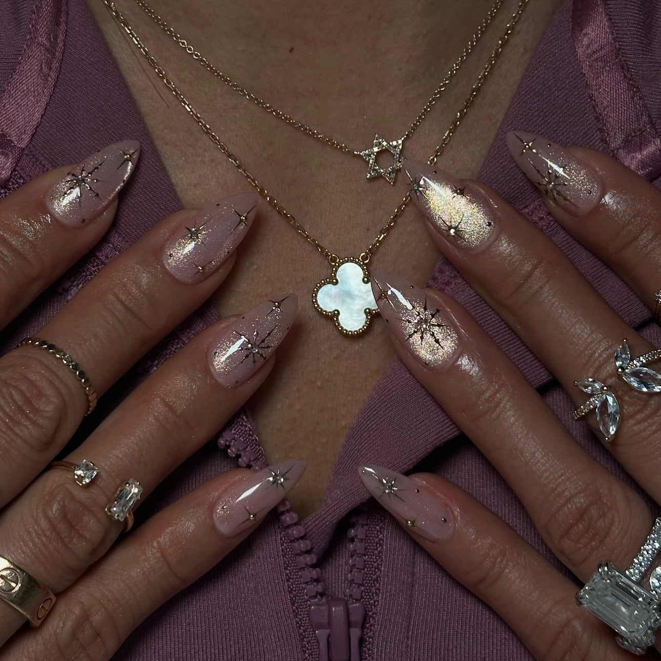 Celestial Star Cat Eye Press On Nails - Long Almond