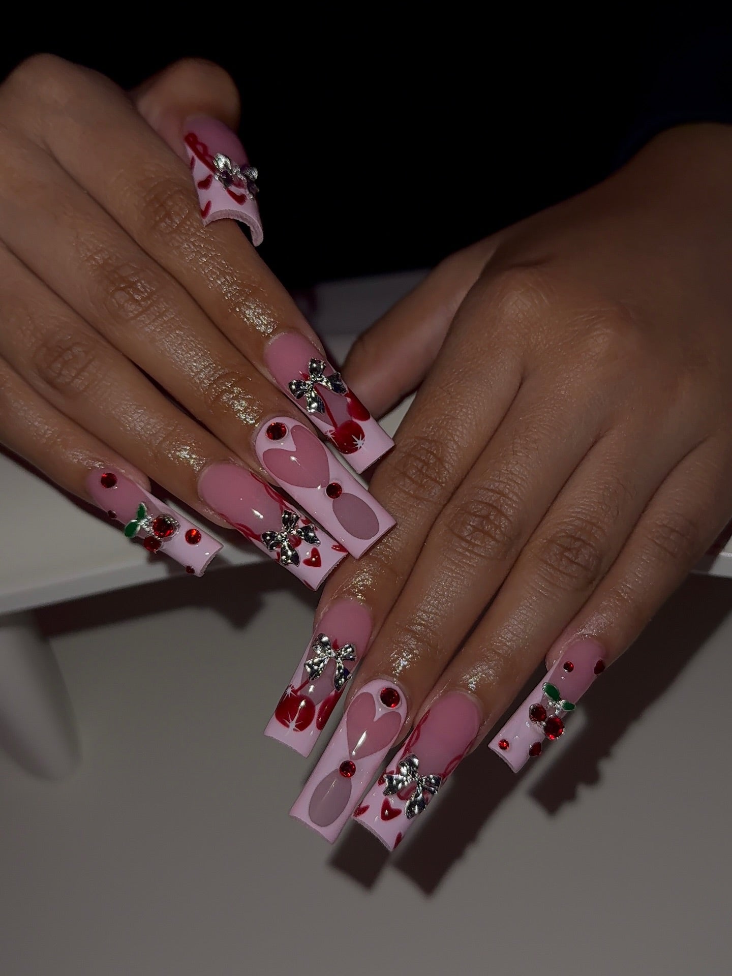 3D Silver Bow & Heart Cherry Press On Nails - XL Square Luxury Set