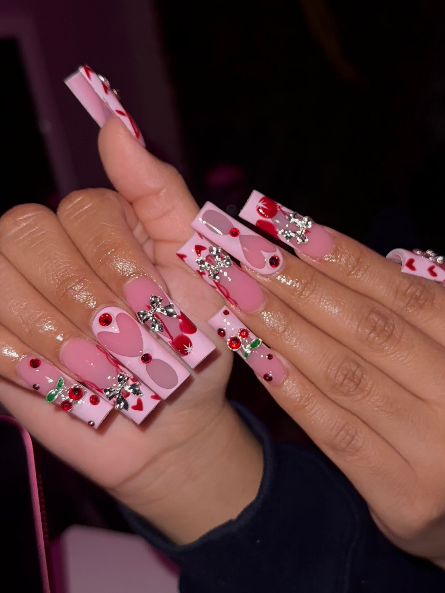 3D Silver Bow & Heart Cherry Press On Nails - XL Square Luxury Set