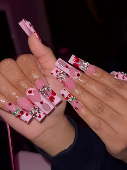 3D Silver Bow & Heart Cherry Press On Nails - XL Square Luxury Set