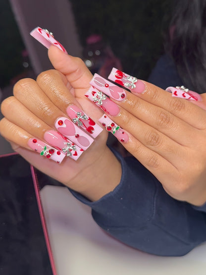 3D Silver Bow & Heart Cherry Press On Nails - XL Square Luxury Set