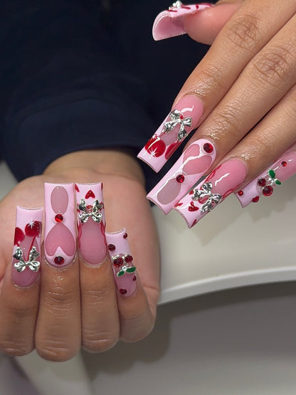 3D Silver Bow & Heart Cherry Press On Nails - XL Square Luxury Set